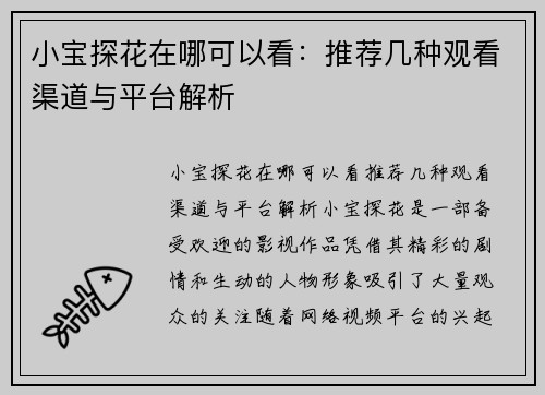 小宝探花在哪可以看：推荐几种观看渠道与平台解析